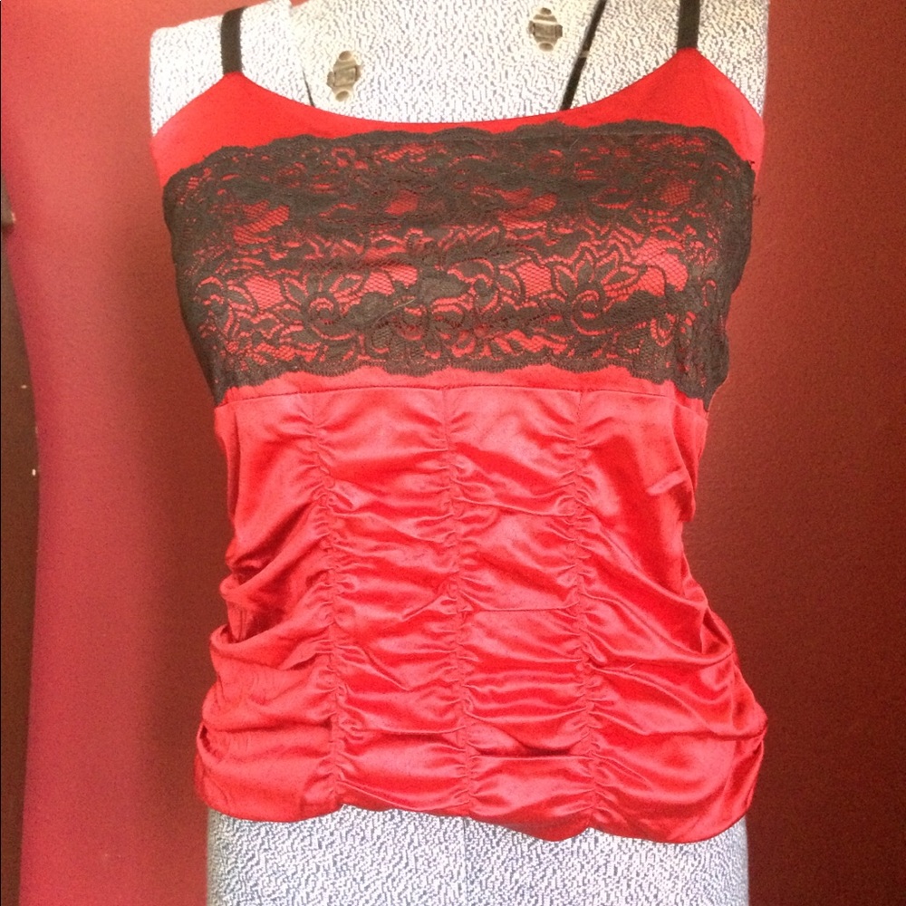 Rare Heavy Red Red Satin with Black Lace tank top